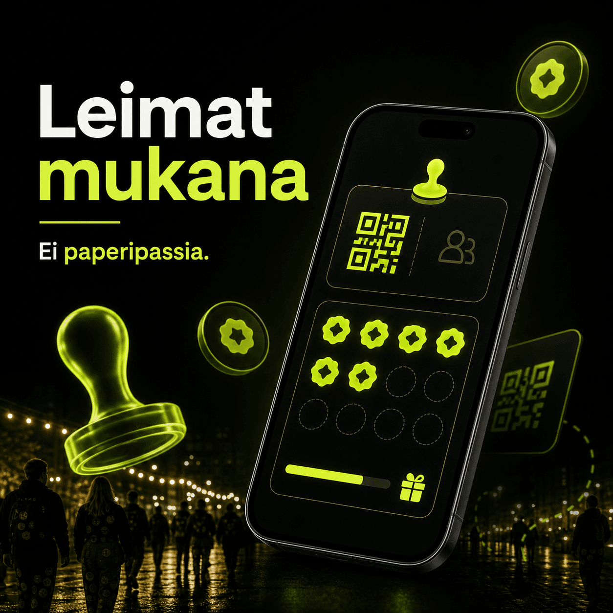 OmaLeima mobile app in hand during an event night.